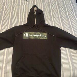 Champion Black Hoodie with Green Camo Logo